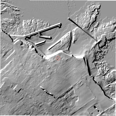 Shaded relief map of the ground around NE687RW, computed from Environment Agency LiDAR. The ground here sits at about 11 m above sea level and falls 22 m across the surrounding 800 m. Surface water reaching this point runs off ground lying to the south-south-west, 4.2 m higher.