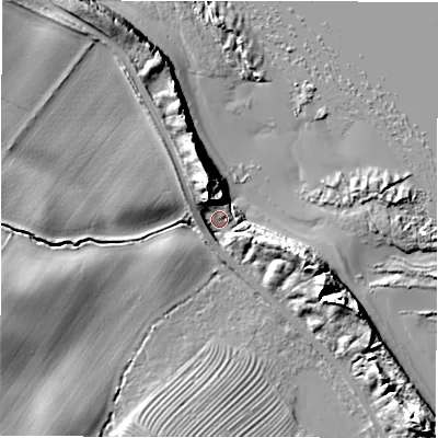 Shaded relief map of the ground around NE687SY, computed from Environment Agency LiDAR. The ground here sits at about 5 m above sea level and falls 19 m across the surrounding 800 m. Surface water reaching this point runs off ground lying to the north-north-west, 13.4 m higher.