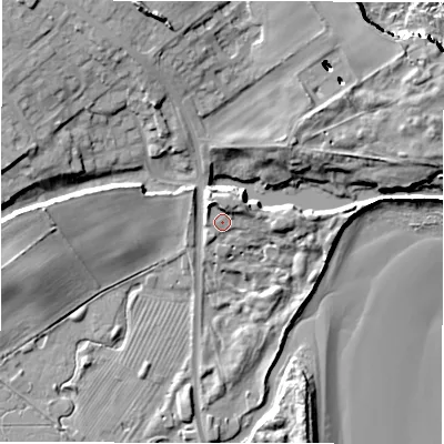 Shaded relief map of the ground around NE687XT, computed from Environment Agency LiDAR. The ground here sits at about 7 m above sea level and falls 21 m across the surrounding 800 m. Surface water reaching this point runs off ground lying to the north, 4.1 m higher.