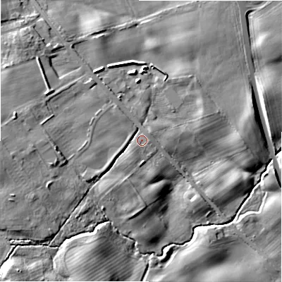 Shaded relief map of the ground around NE707DP, computed from Environment Agency LiDAR. The ground here sits at about 46 m above sea level and falls 21 m across the surrounding 800 m. Surface water reaching this point runs off ground lying to the south-west, 5.1 m higher.