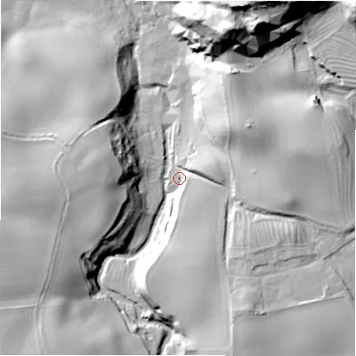Shaded relief map of the ground around NE707ED, computed from Environment Agency LiDAR. The ground here sits at about 13 m above sea level and falls 62 m across the surrounding 800 m. Surface water reaching this point runs off ground lying to the east, 28.8 m higher.