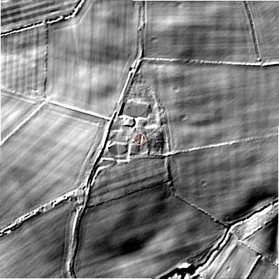 Shaded relief map of the ground around NE707EJ, computed from Environment Agency LiDAR. The ground here sits at about 17 m above sea level and falls 18 m across the surrounding 800 m. Surface water reaching this point runs off ground lying to the south-west, 6.4 m higher.