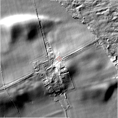 Shaded relief map of the ground around NE707EN, computed from Environment Agency LiDAR. The ground here sits at about 10 m above sea level and falls 10 m across the surrounding 800 m. Surface water reaching this point runs off ground lying to the south-south-east, 2.3 m higher.