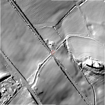 Shaded relief map of the ground around NE707EW, computed from Environment Agency LiDAR. The ground here sits at about 32 m above sea level and falls 42 m across the surrounding 800 m. Surface water reaching this point runs off ground lying to the south-south-west, 17.3 m higher.