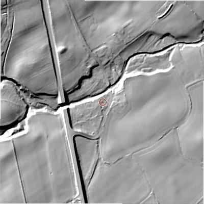 Shaded relief map of the ground around NE707HY, computed from Environment Agency LiDAR. The ground here sits at about 76 m above sea level and falls 45 m across the surrounding 800 m. Surface water reaching this point runs off ground lying to the south-south-west, 19.3 m higher.
