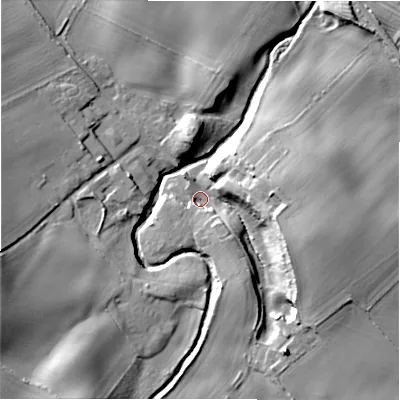 Shaded relief map of the ground around NE707JH, computed from Environment Agency LiDAR. The ground here sits at about 35 m above sea level and falls 25 m across the surrounding 800 m. Surface water reaching this point runs off ground lying to the east-south-east, 15.1 m higher.
