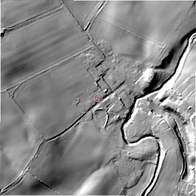 Shaded relief map of the ground around NE707JQ, computed from Environment Agency LiDAR. The ground here sits at about 42 m above sea level and falls 32 m across the surrounding 800 m. Surface water reaching this point runs off ground lying to the west, 23.3 m higher.
