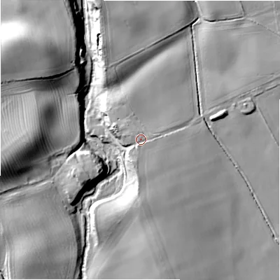 Shaded relief map of the ground around NE707JT, computed from Environment Agency LiDAR. The ground here sits at about 34 m above sea level and falls 26 m across the surrounding 800 m. Surface water reaching this point runs off ground lying to the south-south-west, 2.6 m higher.