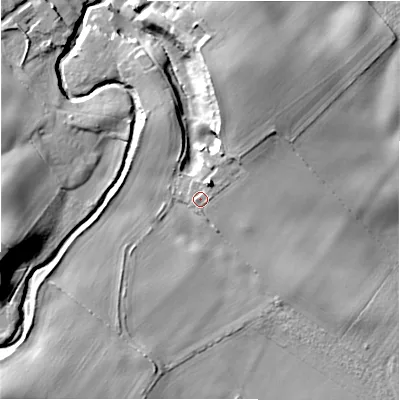 Shaded relief map of the ground around NE707JW, computed from Environment Agency LiDAR. The ground here sits at about 41 m above sea level and falls 23 m across the surrounding 800 m. Surface water reaching this point runs off ground lying to the north-east, 5.3 m higher.