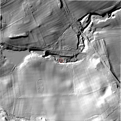 Shaded relief map of the ground around NE707LE, computed from Environment Agency LiDAR. The ground here sits at about 56 m above sea level and falls 68 m across the surrounding 800 m. Surface water reaching this point runs off ground lying to the south-west, 43.0 m higher.