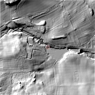 Shaded relief map of the ground around NE707LF, computed from Environment Agency LiDAR. The ground here sits at about 65 m above sea level and falls 40 m across the surrounding 800 m. Surface water reaching this point runs off ground lying to the north-west, 28.5 m higher.