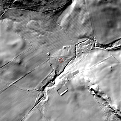 Shaded relief map of the ground around NE707LJ, computed from Environment Agency LiDAR. The ground here sits at about 95 m above sea level and falls 40 m across the surrounding 800 m. Surface water reaching this point runs off ground lying to the west-south-west, 13.2 m higher.