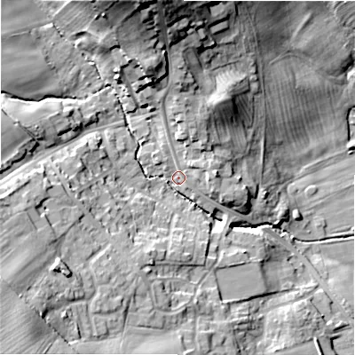 Shaded relief map of the ground around NE707NJ, computed from Environment Agency LiDAR. The ground here sits at about 51 m above sea level and falls 32 m across the surrounding 800 m. Surface water reaching this point runs off ground lying to the north-north-west, 26.9 m higher.