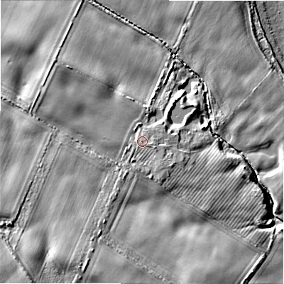 Shaded relief map of the ground around NE707PN, computed from Environment Agency LiDAR. The ground here sits at about 9 m above sea level and falls 14 m across the surrounding 800 m. Surface water reaching this point runs off ground lying to the south-south-west, 1.6 m higher.