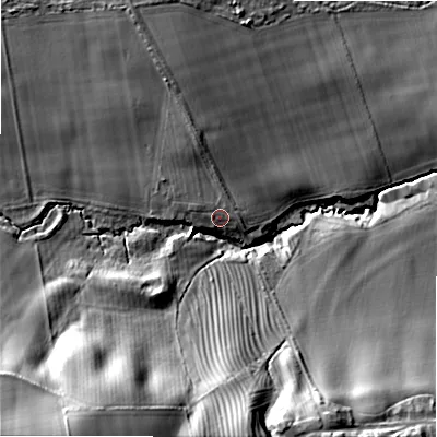 Shaded relief map of the ground around NE707PQ, computed from Environment Agency LiDAR. The ground here sits at about 40 m above sea level and falls 42 m across the surrounding 800 m. Surface water reaching this point runs off ground lying to the west-north-west, 2.5 m higher.