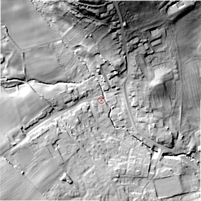 Shaded relief map of the ground around NE707QA, computed from Environment Agency LiDAR. The ground here sits at about 51 m above sea level and falls 48 m across the surrounding 800 m. Surface water reaching this point runs off ground lying to the north, 41.7 m higher.