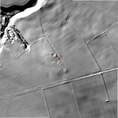 Shaded relief map of the ground around NE707QL, computed from Environment Agency LiDAR. The ground here sits at about 136 m above sea level and falls 59 m across the surrounding 800 m. Surface water reaching this point runs off ground lying to the south-west, 6.7 m higher.