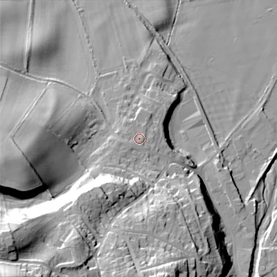 Shaded relief map of the ground around NE716AD, computed from Environment Agency LiDAR. The ground here sits at about 57 m above sea level and falls 53 m across the surrounding 800 m. Surface water reaching this point runs off ground lying to the south-west, 19.8 m higher.