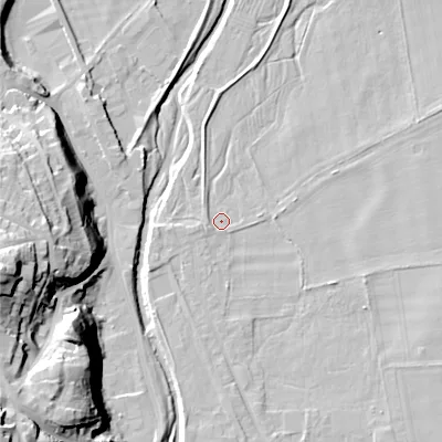 Shaded relief map of the ground around NE716AE, computed from Environment Agency LiDAR. The ground here sits at about 50 m above sea level and falls 41 m across the surrounding 800 m. Surface water reaching this point runs off ground lying to the south, 2.4 m higher.
