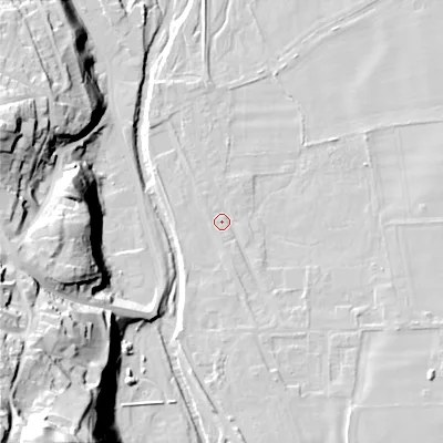 Shaded relief map of the ground around NE716AF, computed from Environment Agency LiDAR. The ground here sits at about 53 m above sea level and falls 61 m across the surrounding 800 m. Surface water reaching this point runs off ground lying to the south-south-east, 2.8 m higher.