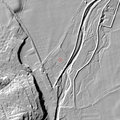 Shaded relief map of the ground around NE716AH, computed from Environment Agency LiDAR. The ground here sits at about 48 m above sea level and falls 44 m across the surrounding 800 m. The ground contributing surface water to this point lies to the south-south-east.