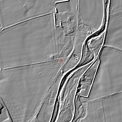 Shaded relief map of the ground around NE716AJ, computed from Environment Agency LiDAR. The ground here sits at about 44 m above sea level and falls 9 m across the surrounding 800 m. Surface water reaching this point runs off ground lying to the south-south-west, 2.3 m higher.