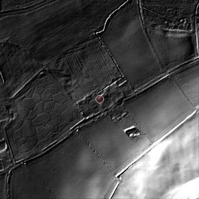 Shaded relief map of the ground around NE716AQ, computed from Environment Agency LiDAR. The ground here sits at about 45 m above sea level and falls 96 m across the surrounding 800 m. Surface water reaching this point runs off ground lying to the south-east, 77.7 m higher.