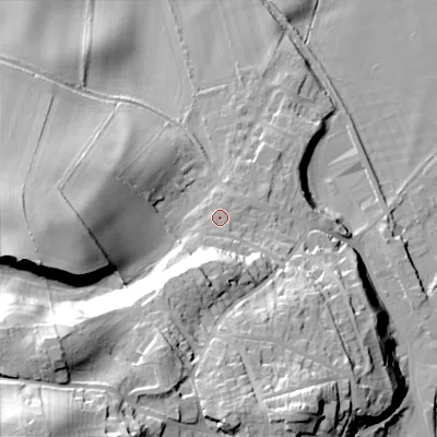 Shaded relief map of the ground around NE716AS, computed from Environment Agency LiDAR. The ground here sits at about 59 m above sea level and falls 56 m across the surrounding 800 m. Surface water reaching this point runs off ground lying to the south-south-west, 17.6 m higher.