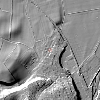 Shaded relief map of the ground around NE716AW, computed from Environment Agency LiDAR. The ground here sits at about 53 m above sea level and falls 49 m across the surrounding 800 m. Surface water reaching this point runs off ground lying to the south-south-west, 5.0 m higher.