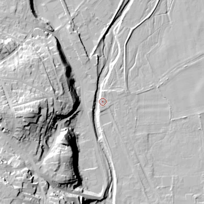 Shaded relief map of the ground around NE716AX, computed from Environment Agency LiDAR. The ground here sits at about 51 m above sea level and falls 49 m across the surrounding 800 m. Surface water reaching this point runs off ground lying to the south-south-west, 19.5 m higher.