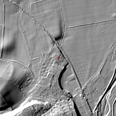 Shaded relief map of the ground around NE716AY, computed from Environment Agency LiDAR. The ground here sits at about 51 m above sea level and falls 37 m across the surrounding 800 m. Surface water reaching this point runs off ground lying to the west-south-west, 1.9 m higher.