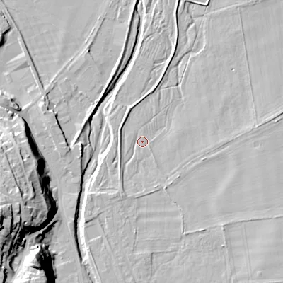 Shaded relief map of the ground around NE716BF, computed from Environment Agency LiDAR. The ground here sits at about 49 m above sea level and falls 37 m across the surrounding 800 m. Surface water reaching this point runs off ground lying to the south, 4.4 m higher.