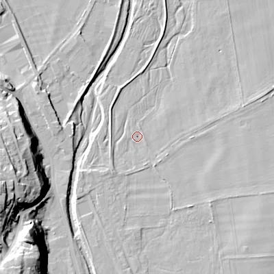 Shaded relief map of the ground around NE716BN, computed from Environment Agency LiDAR. The ground here sits at about 49 m above sea level and falls 33 m across the surrounding 800 m. Surface water reaching this point runs off ground lying to the south, 4.5 m higher.