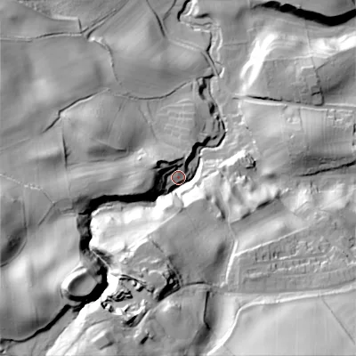 Shaded relief map of the ground around NE716ED, computed from Environment Agency LiDAR. The ground here sits at about 92 m above sea level and falls 92 m across the surrounding 800 m. Surface water reaching this point runs off ground lying to the south-south-west, 69.7 m higher.
