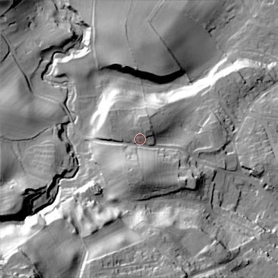 Shaded relief map of the ground around NE716EE, computed from Environment Agency LiDAR. The ground here sits at about 90 m above sea level and falls 85 m across the surrounding 800 m. Surface water reaching this point runs off ground lying to the south, 12.9 m higher.