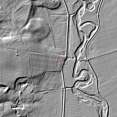 Shaded relief map of the ground around NE716HH, computed from Environment Agency LiDAR. The ground here sits at about 37 m above sea level and falls 12 m across the surrounding 800 m. Surface water reaching this point runs off ground lying to the west-north-west, 8.4 m higher.