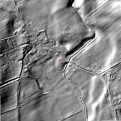 Shaded relief map of the ground around NE716HS, computed from Environment Agency LiDAR. The ground here sits at about 42 m above sea level and falls 22 m across the surrounding 800 m. Surface water reaching this point runs off ground lying to the west-south-west, 14.7 m higher.