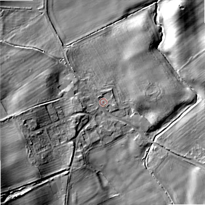 Shaded relief map of the ground around NE716JD, computed from Environment Agency LiDAR. The ground here sits at about 43 m above sea level and falls 32 m across the surrounding 800 m. Surface water reaching this point runs off ground lying to the west, 12.6 m higher.