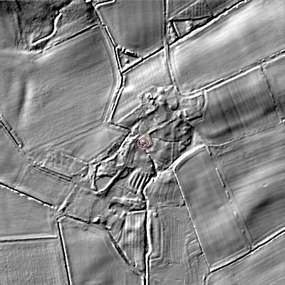 Shaded relief map of the ground around NE716JL, computed from Environment Agency LiDAR. The ground here sits at about 38 m above sea level and falls 11 m across the surrounding 800 m. Surface water reaching this point runs off ground lying to the north-east, 6.1 m higher.