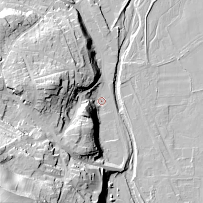 Shaded relief map of the ground around NE716NL, computed from Environment Agency LiDAR. The ground here sits at about 52 m above sea level and falls 75 m across the surrounding 800 m. Surface water reaching this point runs off ground lying to the south-west, 25.5 m higher.