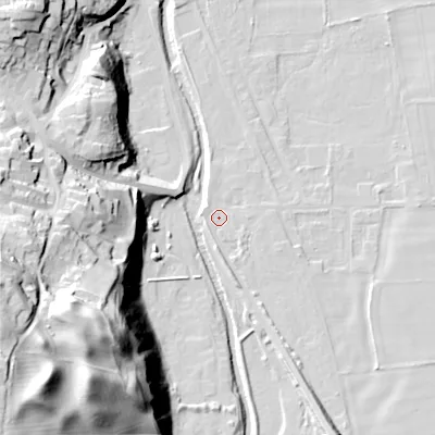 Shaded relief map of the ground around NE716QE, computed from Environment Agency LiDAR. The ground here sits at about 55 m above sea level and falls 68 m across the surrounding 800 m. Surface water reaching this point runs off ground lying to the south-south-east, 4.5 m higher.