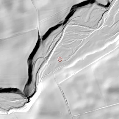 Shaded relief map of the ground around NE716QZ, computed from Environment Agency LiDAR. The ground here sits at about 99 m above sea level and falls 49 m across the surrounding 800 m. Surface water reaching this point runs off ground lying to the south-south-west, 33.7 m higher.
