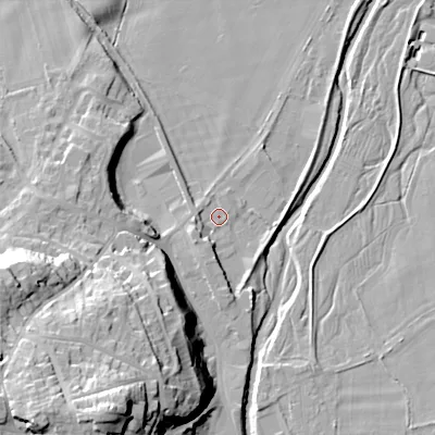 Shaded relief map of the ground around NE716SL, computed from Environment Agency LiDAR. The ground here sits at about 48 m above sea level and falls 43 m across the surrounding 800 m. Surface water reaching this point runs off ground lying to the west-south-west, 3.4 m higher.
