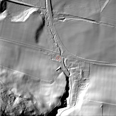 Shaded relief map of the ground around NE716TA, computed from Environment Agency LiDAR. The ground here sits at about 55 m above sea level and falls 163 m across the surrounding 800 m. Surface water reaching this point runs off ground lying to the south-south-west, 74.6 m higher.