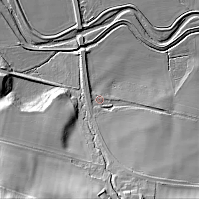 Shaded relief map of the ground around NE716TD, computed from Environment Agency LiDAR. The ground here sits at about 42 m above sea level and falls 47 m across the surrounding 800 m. Surface water reaching this point runs off ground lying to the south-south-east, 21.0 m higher.