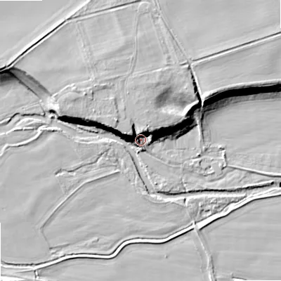 Shaded relief map of the ground around NE716TQ, computed from Environment Agency LiDAR. The ground here sits at about 47 m above sea level and falls 16 m across the surrounding 800 m. Surface water reaching this point runs off ground lying to the north-west, 10.7 m higher.