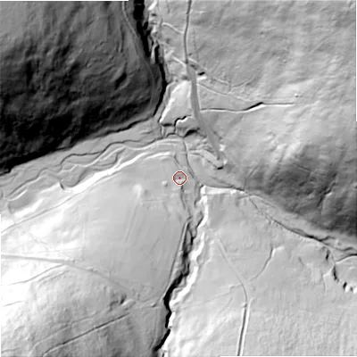 Shaded relief map of the ground around NE716TT, computed from Environment Agency LiDAR. The ground here sits at about 304 m above sea level and falls 164 m across the surrounding 800 m. Surface water reaching this point runs off ground lying to the south, 14.7 m higher.