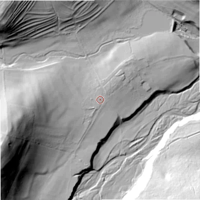 Shaded relief map of the ground around NE716TW, computed from Environment Agency LiDAR. The ground here sits at about 127 m above sea level and falls 88 m across the surrounding 800 m. Surface water reaching this point runs off ground lying to the west-south-west, 58.8 m higher.