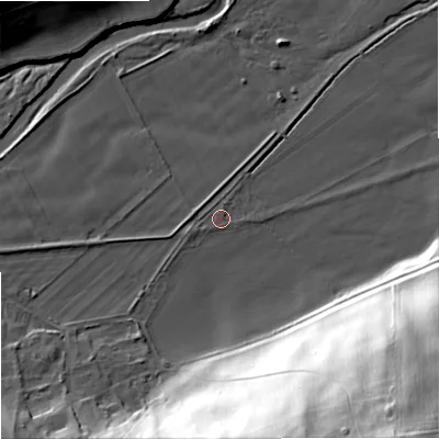 Shaded relief map of the ground around NE716XB, computed from Environment Agency LiDAR. The ground here sits at about 57 m above sea level and falls 61 m across the surrounding 800 m. Surface water reaching this point runs off ground lying to the west-south-west, 1.0 m higher.