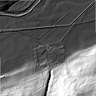 Shaded relief map of the ground around NE716XF, computed from Environment Agency LiDAR. The ground here sits at about 60 m above sea level and falls 112 m across the surrounding 800 m. Surface water reaching this point runs off ground lying to the south, 57.0 m higher.